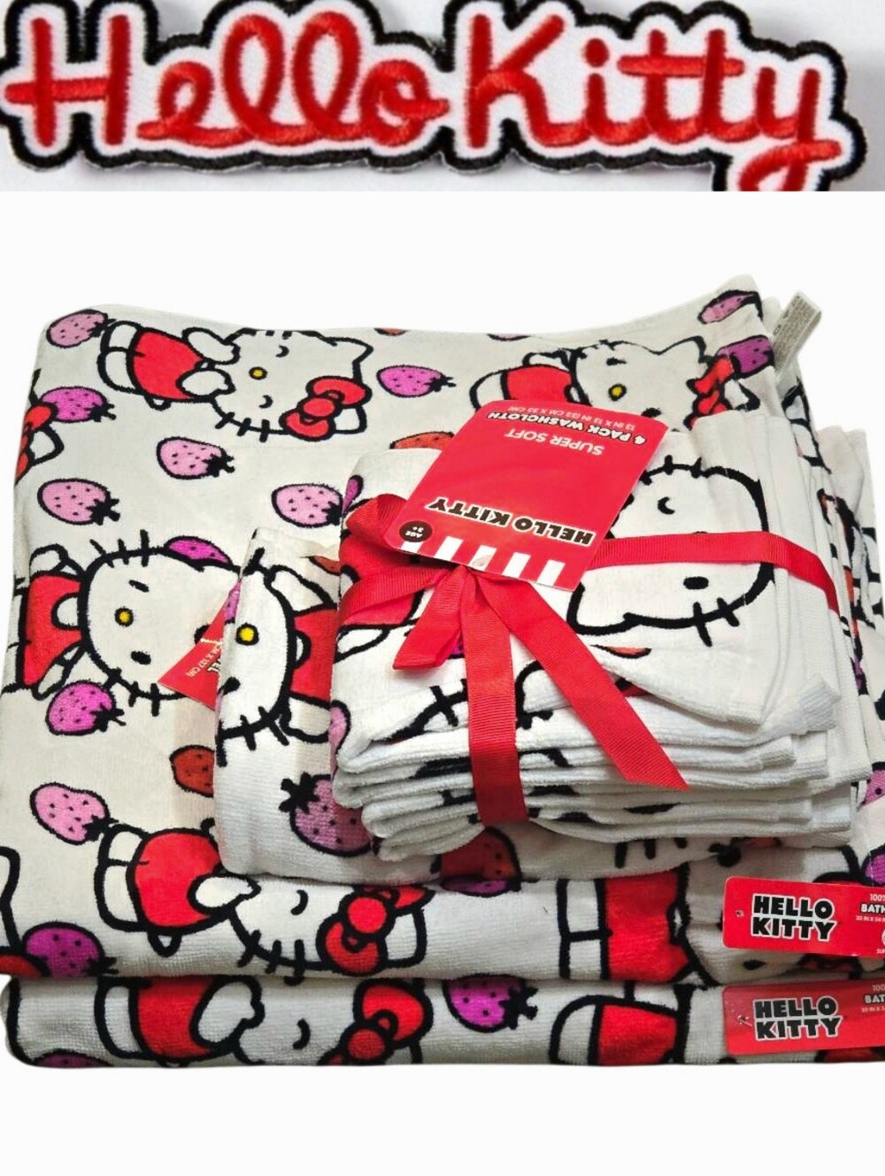 Hello Kitty Logo Strawberries Oversized Bath Towel Set